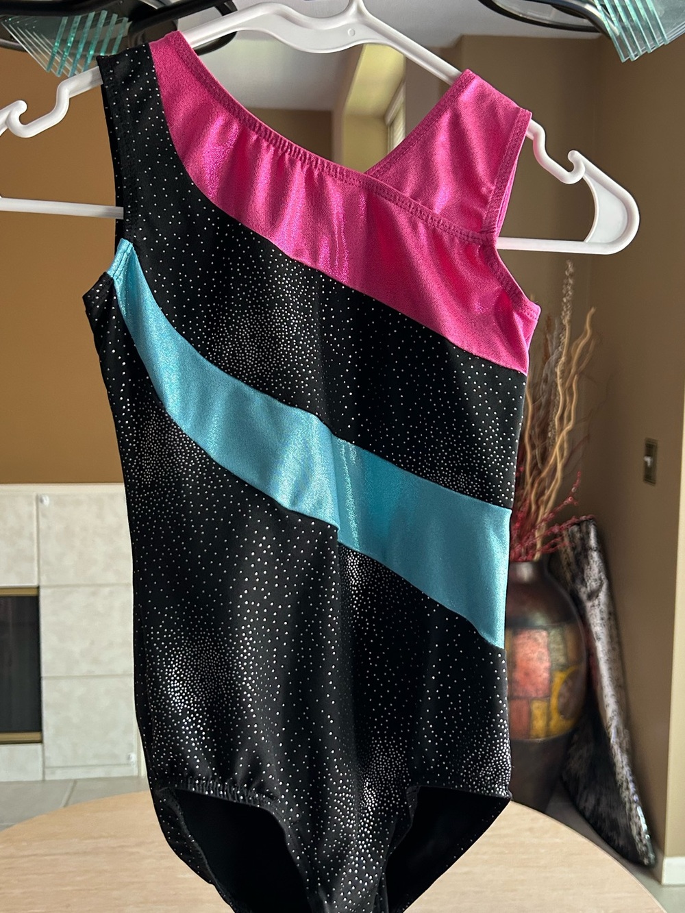 Girls Black Sparkle Leotard with Pink and Teal Diagonal Stripes